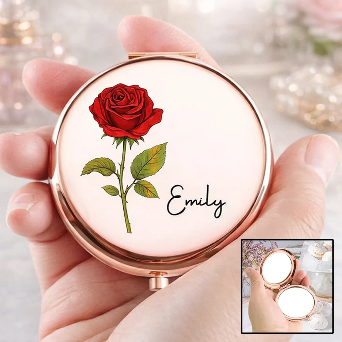 Personalized Metal Compact Mirror with Red Rose Art, Unique Creative Gift for Mom, Sister or Friend