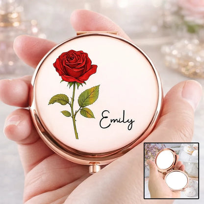 Personalized Metal Compact Mirror with Red Rose Art, Unique Creative Gift for Mom, Sister or Friend