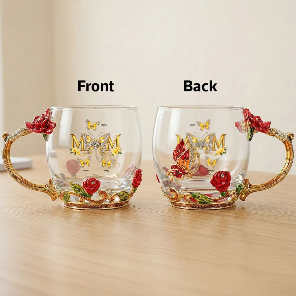 Personalized Enamel Flower Tea Cup with Butterfly Mom Monogram, Unique Gift for Mom, Warm Everyday Tea Moment