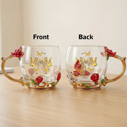 Personalized Enamel Flower Tea Cup with Butterfly Mom Monogram, Unique Gift for Mom, Warm Everyday Tea Moment