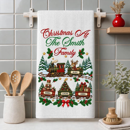 Personalized Christmas Kitchen Towel, Vintage Train in a Snowy Forest, Unique Gift for Family