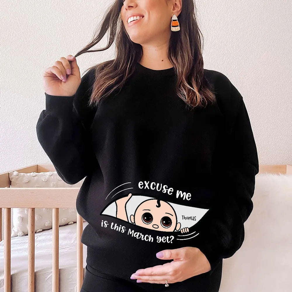 Personalized Pregnancy Announcement Classic Tee with Cute Baby Peek Design for Expecting Parents, Unique Funny Gift