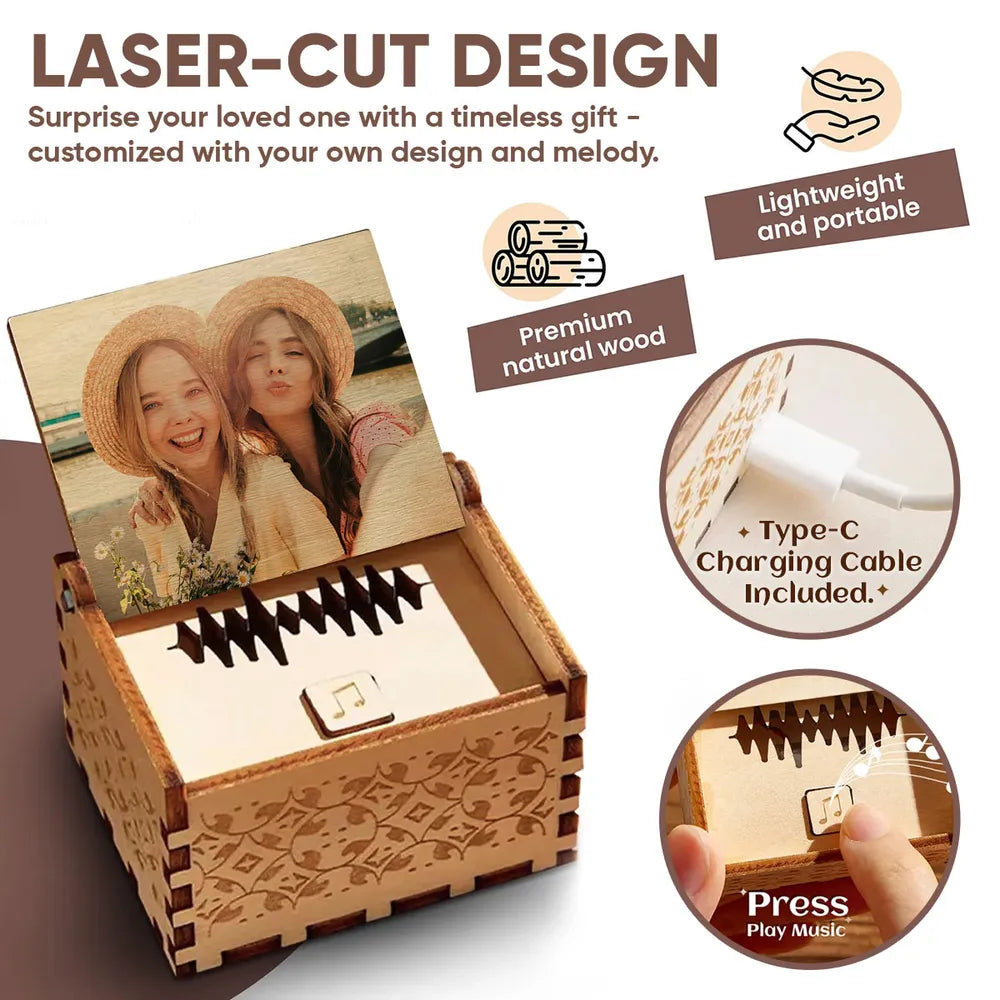 Personalized Wooden Music Box With Your Photo And Song - Romantic City Kiss Keepsake, Unique Gift For Couples