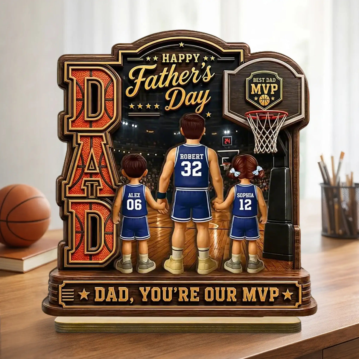 Personalized 2-Layer Wooden Plaque, Basketball Dad Holding Hands On Court, Unique Gift For Dad
