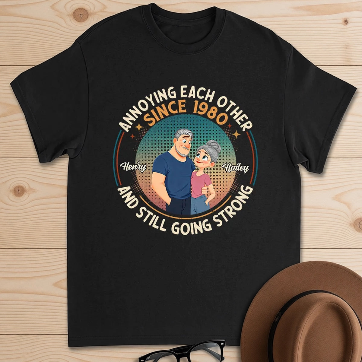 Personalized Classic Tee With Cartoon Couple, Still Going Strong, Unique Funny Gift for Husband & Wife