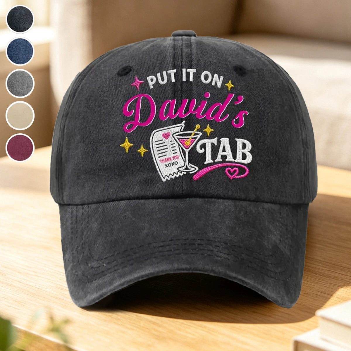 Personalized Washed Denim Baseball Cap, Cocktail Tab Graphic, Unique Gift for Partner