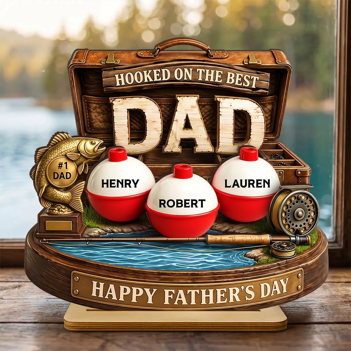 Personalized Wooden Plaque For Fishing Dad, Hooked On The Best Dad Lake Scene, Unique Father's Day Gift