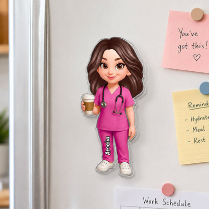 Personalized Acrylic Fridge Magnet With Cartoon Nurse Holding Coffee, Unique Gift For Nurse Coworker