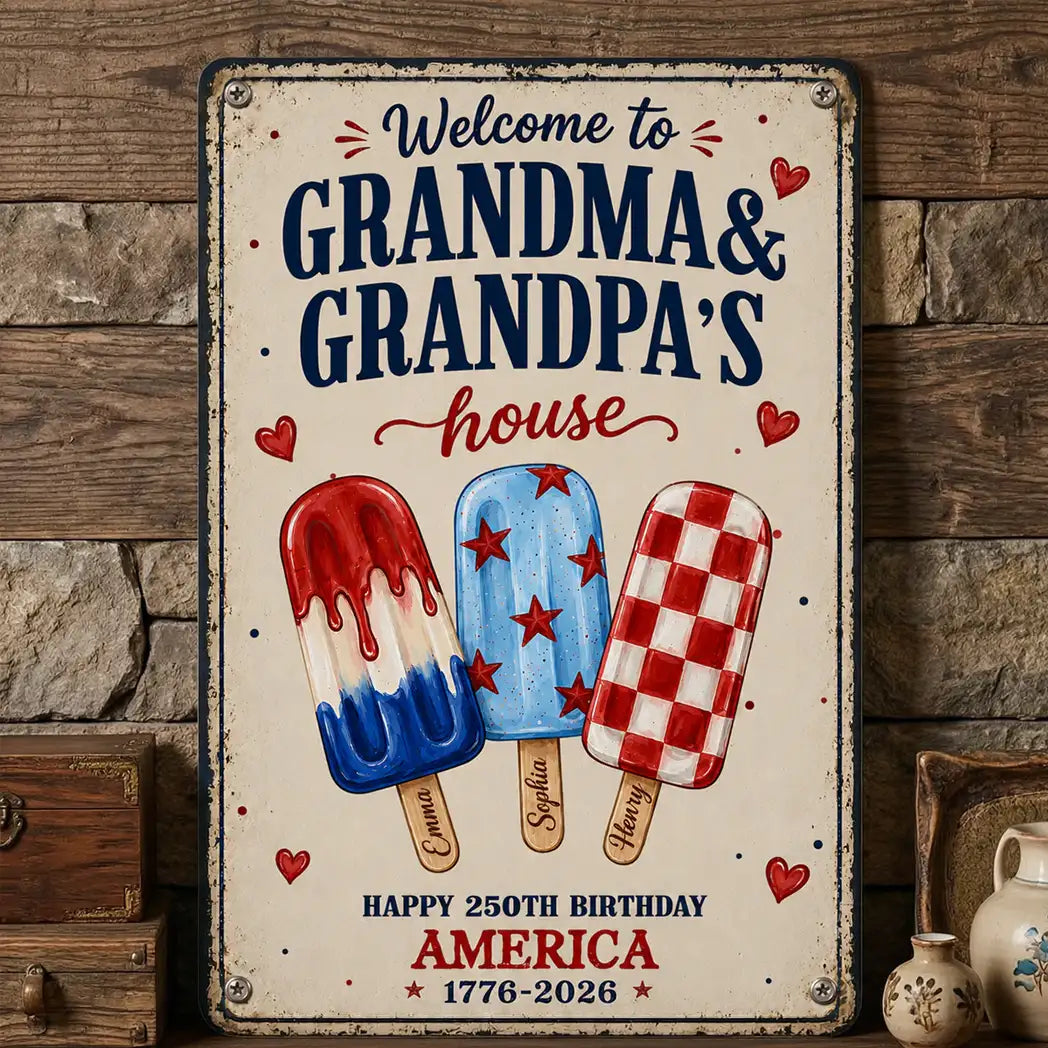 Custom Rectangular Iron Sign for Grandparents, Vintage Red & Blue Welcome Decor, Creative Family Gift