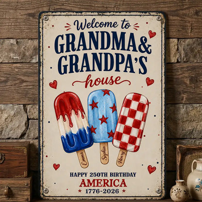 Custom Rectangular Iron Sign for Grandparents, Vintage Red & Blue Welcome Decor, Creative Family Gift