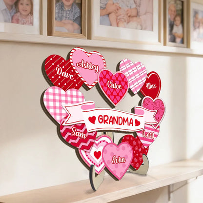 2-Layer Wooden Plaque with Pink Heart Bouquet and Grandma Banner, Personalized Grandkids Names, Heartfelt Gift