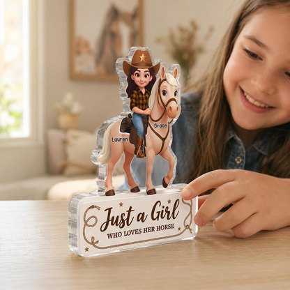 Personalized Shaped Acrylic Block Plaque, Cartoon Cowgirl Riding a Horse, Unique Gift for Horse Lovers