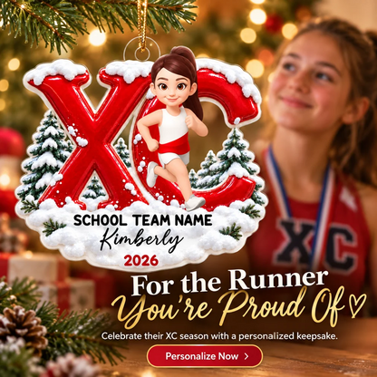 Acrylic Ornament, Cartoon Runner with Red XC Design & Snowy Pines, Creative Holiday Gift for Running Enthusiasts