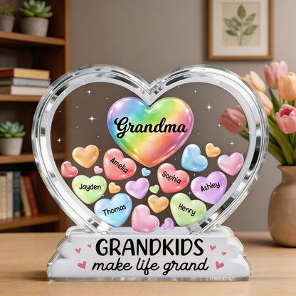 Personalized Shaped Acrylic Block Plaque for Grandma, Colorful Heart Grandkids Design, Sweet Shelf Decor, Unique Gift