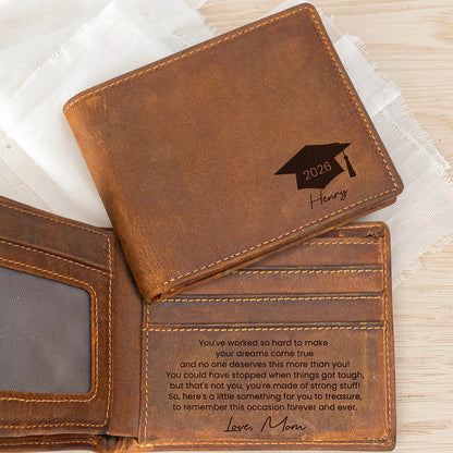 Personalized Laser Engraved Leather Wallet for Son, Custom Graduation Keepsake with Heartfelt Message