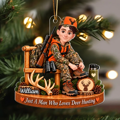 Personalized Acrylic Ornament, Custom Seated Deer Hunter Woodland Scene, Unique Christmas Gift for Dad