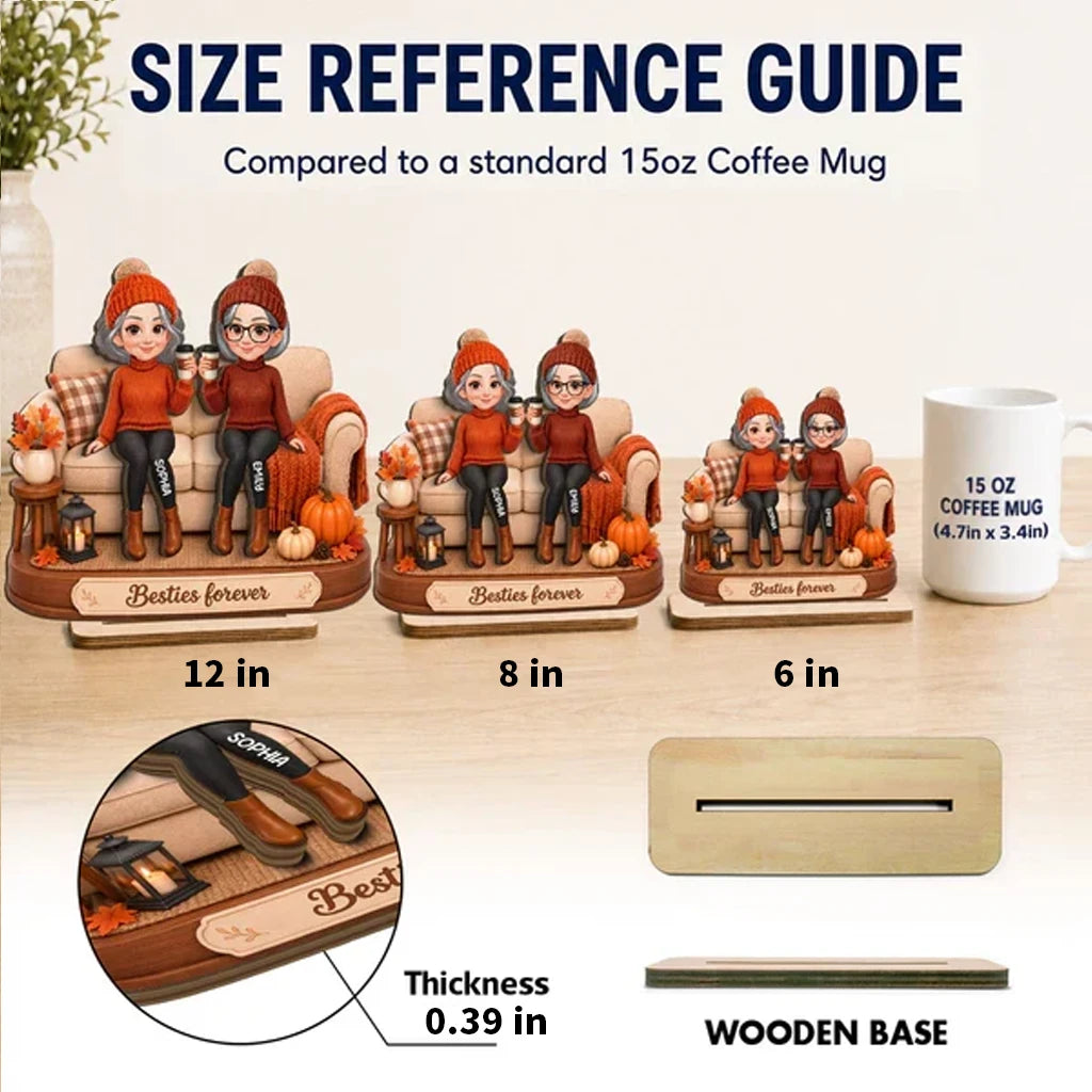 Personalized 2-Layer Wooden Plaque, Coffee Friends on Sofa, Unique Creative Gift for Close Friend