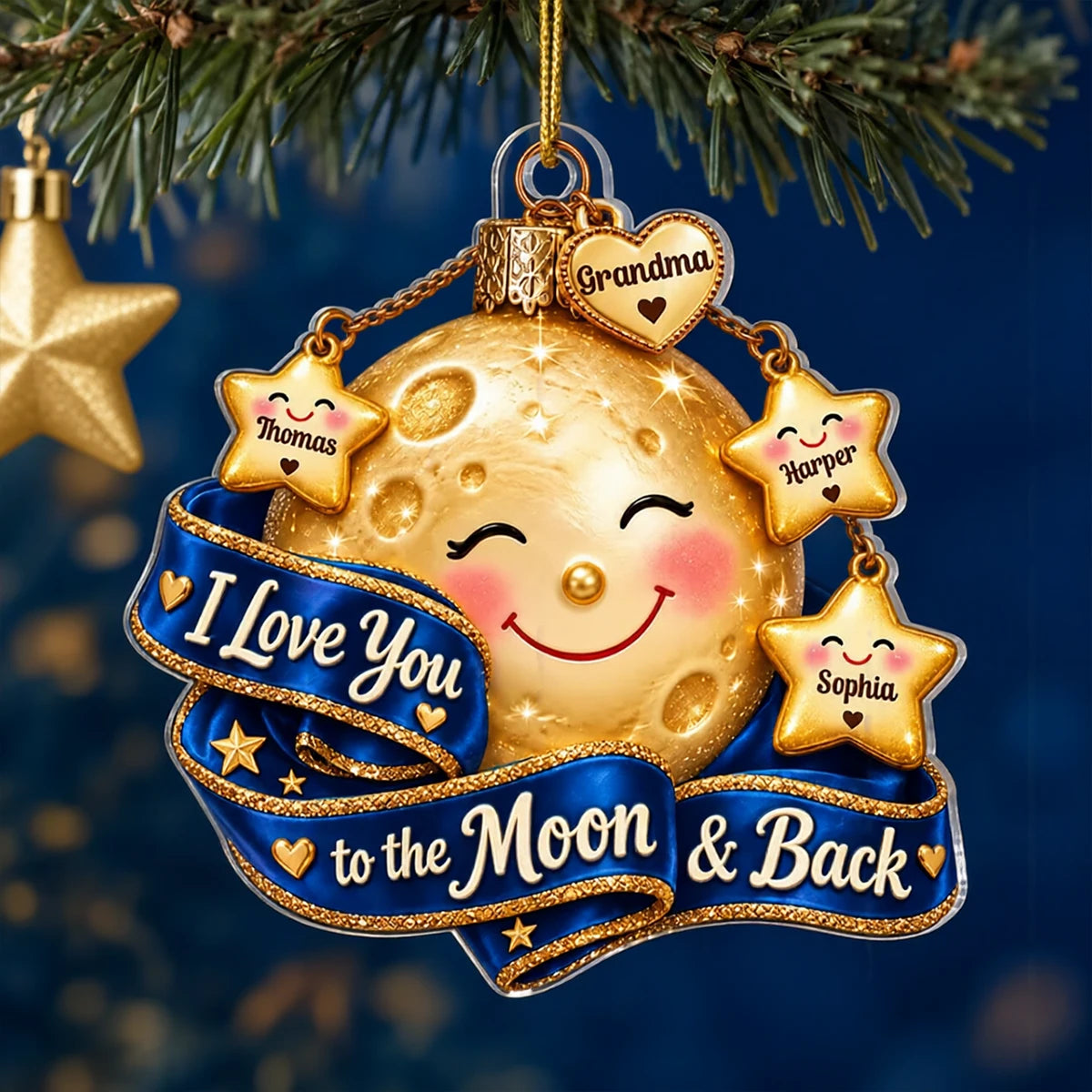 Personalized Acrylic Ornament, Smiling Moon & Stars on Christmas Tree, Unique Gift for Grandma