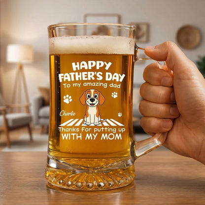 Personalized Handled Beer Glass With Funny Dog Art For Dad, Unique Father's Day Gift