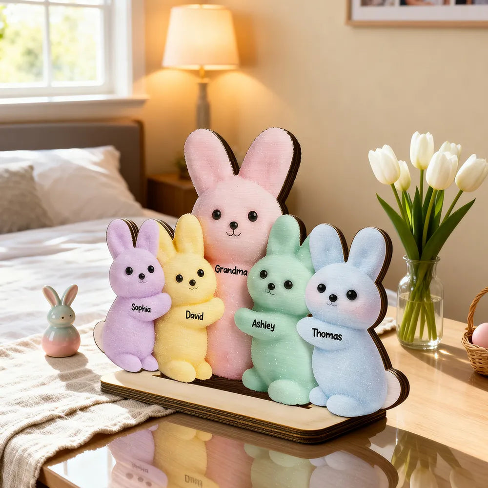 Personalized 2-Layer Wooden Plaque with Grandma & Grandkids Bunnies, Pastel Easter Table Decor, Unique Gift for Grandma