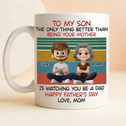Personalized White Ceramic Mug for Son, Cartoon Mom & Son Father's Day Unique Gift with Retro Stripes