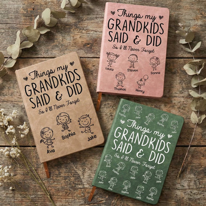 Leather Journal Personalized With Cute Grandkid Doodles, A Heartwarming Memory Book, Unique Gift for Grandparents