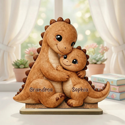 Personalized 2-Layer Wooden Plaque Cute Dino Grandma Hugging Grandchild Unique Gift for Grandma Mom - Heartwarming Keepsake