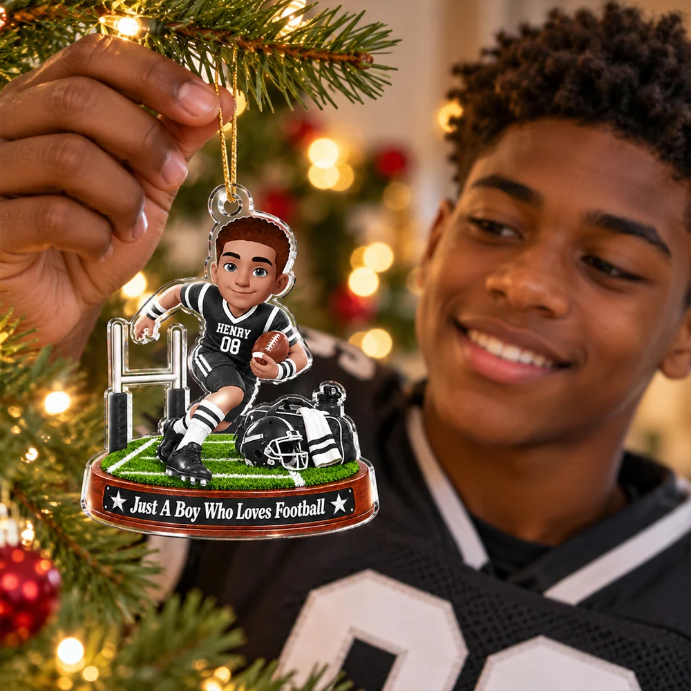Personalized Acrylic Ornament, Cartoon Boy Playing Football by Goalpost, Unique Christmas Gift for Son or Grandson