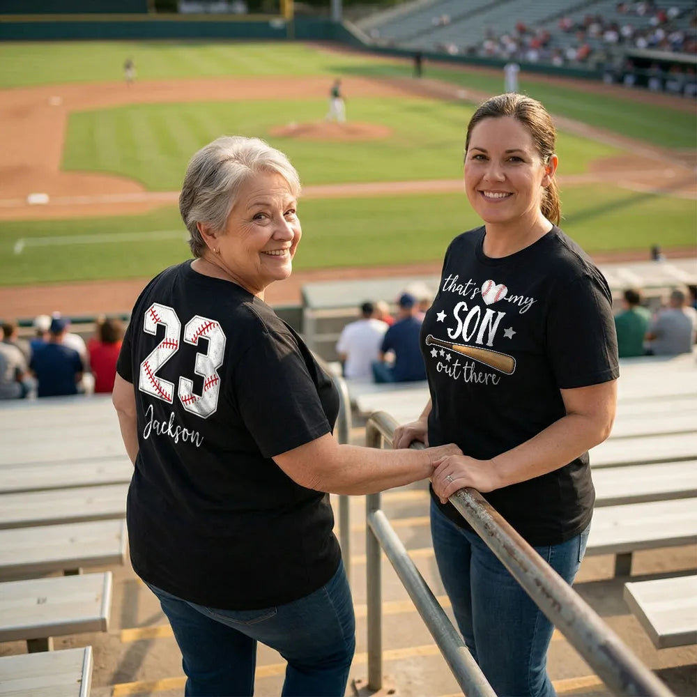 Personalized Dual Print Classic Tee That's My Grandson Out There Baseball Fan Gift for Proud Grandma