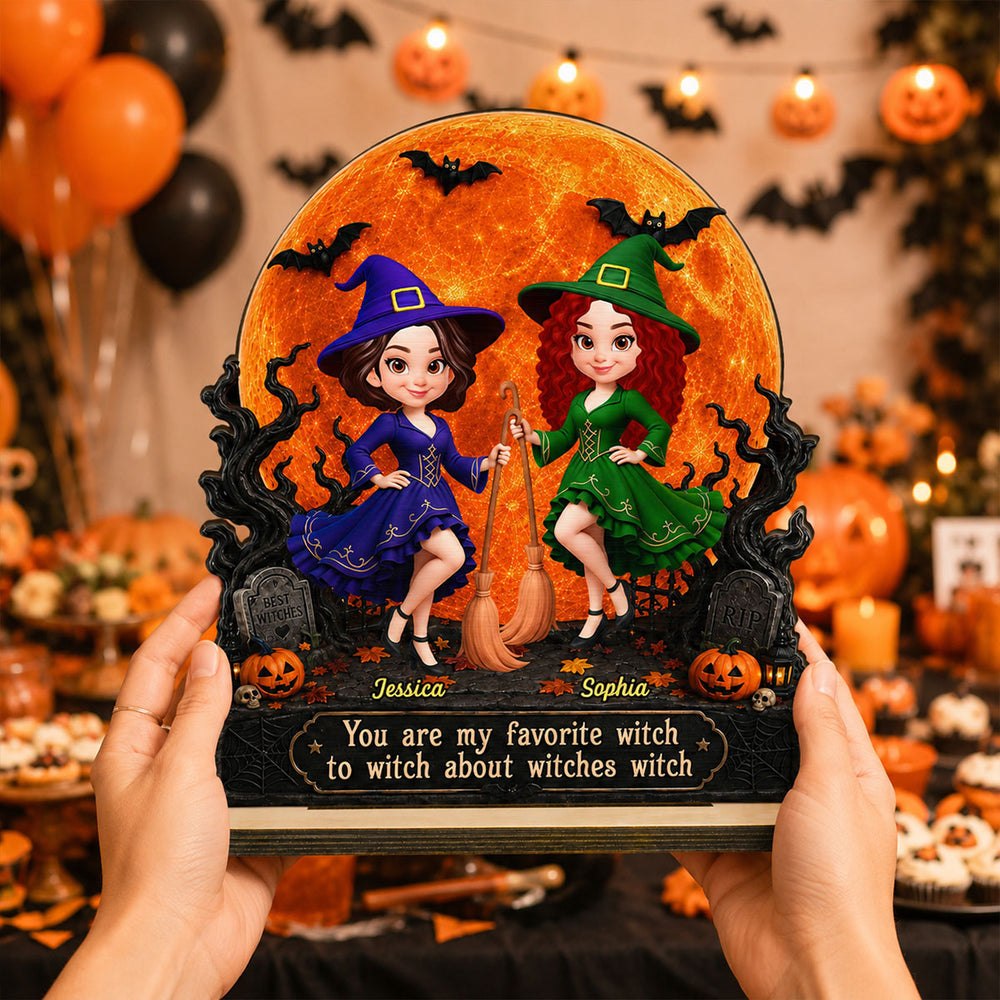 Personalized 2-Layer Wooden Plaque with Witch Friends & Orange Moon, Unique Gift for Close Friends