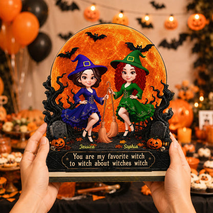 Personalized 2-Layer Wooden Plaque with Witch Friends & Orange Moon, Unique Gift for Close Friends