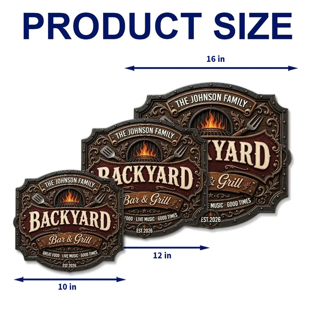 Personalized Wooden Sign with Flaming Backyard Grill Artwork, Creative Gift for Family Hosts & Grill Lovers