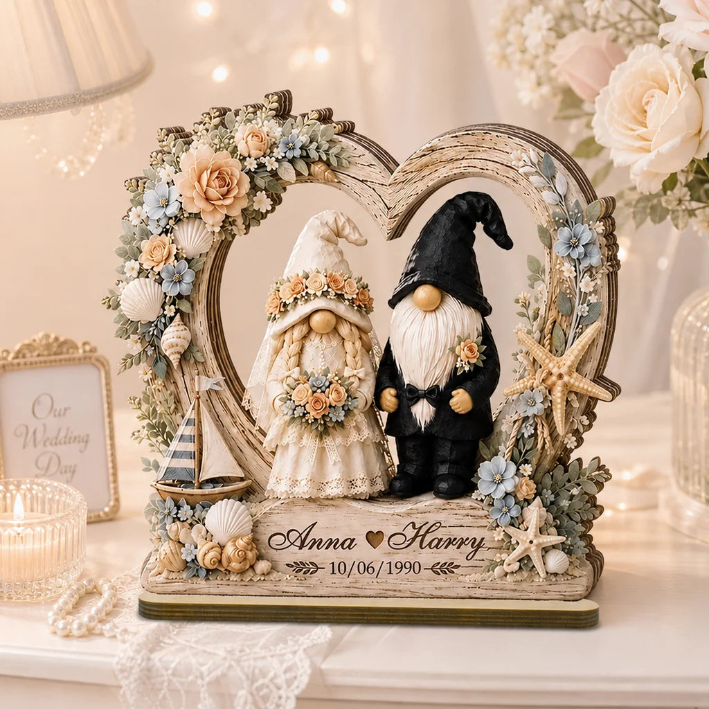 Personalized 2-Layer Wooden Plaque, Coastal Wedding Gnome Couple in Floral Heart, Unique Gift for Couples