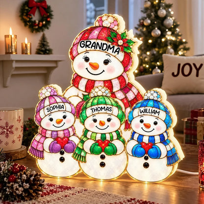 Personalized Acrylic Light Box, Festive Snowman Family With Warm Glow, Creative Keepsake Gift for Grandma