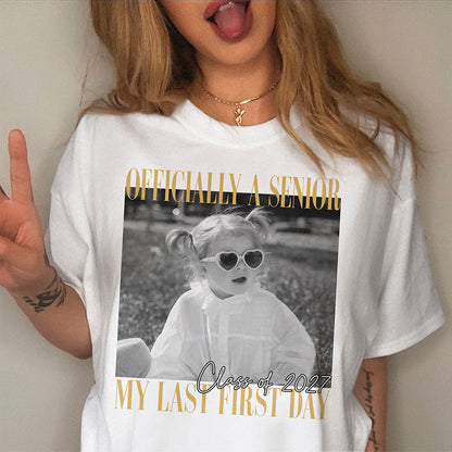 Senior Last First Day Personalized Classic Tee, Black and Gold Photo Keepsake, Creative Gift for Student