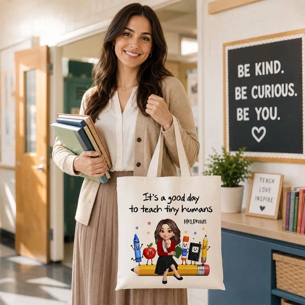 Personalized Teacher Tote Bag, Tiny Humans Classroom Illustration, Unique Back To School Gift
