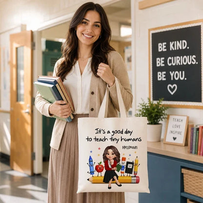 Personalized Teacher Tote Bag, Tiny Humans Classroom Illustration, Unique Back To School Gift