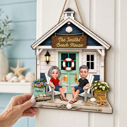 Personalized Wooden Sign with Sitting Beach House Couple, Coastal Decor, Unique Gift for Couples