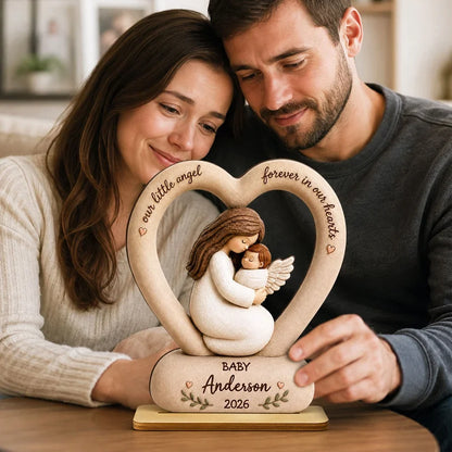 Our Little Angel Forever in Our Hearts Personalized 2-Layer Wooden Plaque, Mother Cradling Baby Angel, Creative Family Gift
