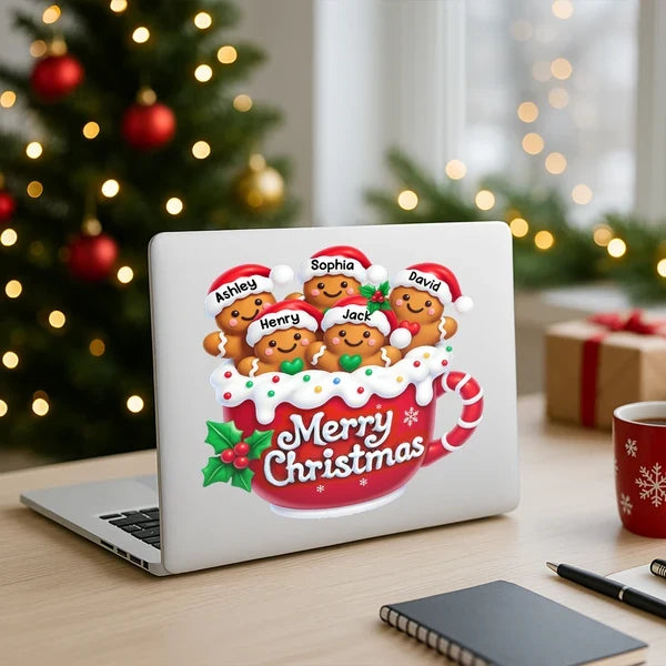 Warm Christmas Sticker Decal, Gingerbread Family Gathered in Red Mug, Personalized Creative Gift for Grandparents