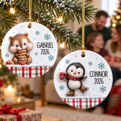 Personalized Ceramic Ornament, Cute Woodland Animals with Cookies and Stocking, Unique Gift for Kids