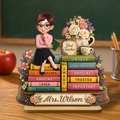 Personalized 2-Layer Wooden Plaque, Floral Teacher Books Desk Decor, Unique Gift for Teacher