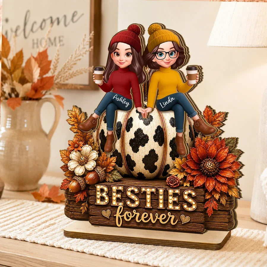 Personalized 2-Layer Wooden Plaque with Friends on Pumpkin, Autumn Coffee Decor, Unique Gift for Close Friend