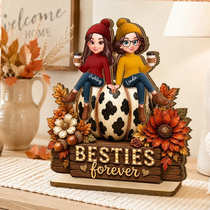 Personalized 2-Layer Wooden Plaque with Friends on Pumpkin, Autumn Coffee Decor, Unique Gift for Close Friend