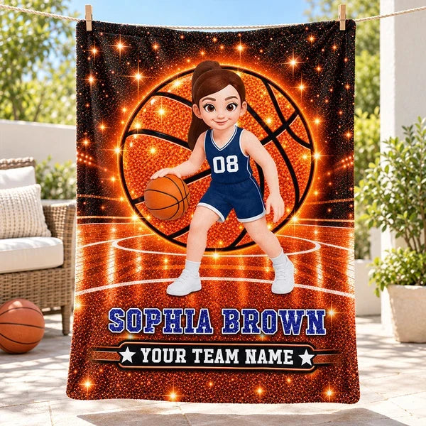 Personalized Fleece Blanket, Cartoon Basketball Girl Dribbling on Sparkling Court, Unique Gift for Daughter