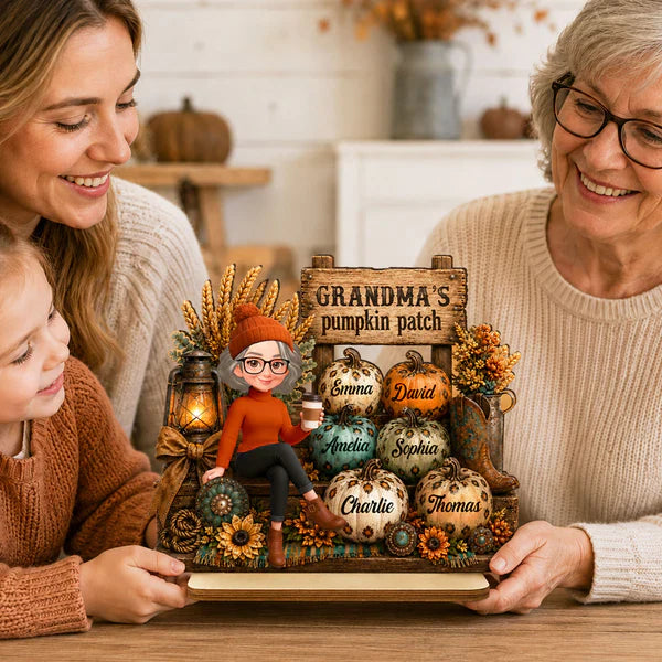 Personalized 2-Layer Wooden Plaque, Grandma Holding Coffee in Pumpkin Patch, Unique Gift for Grandma