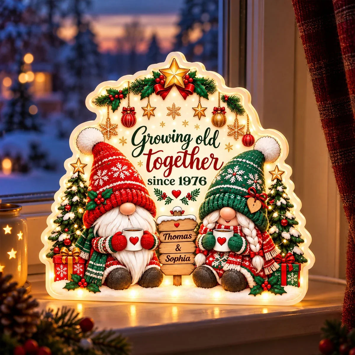 Personalized Acrylic Light Box, Gnome Couple Holding Mugs in a Snowy Christmas Scene, Unique Gift for Couples