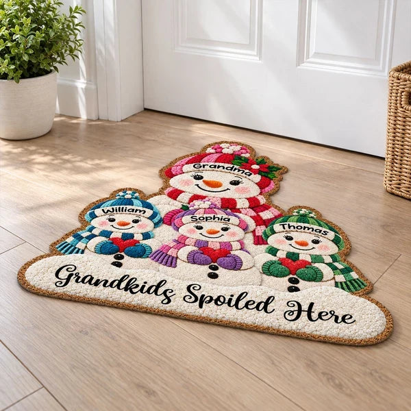 Personalized Shaped Doormat, Grandma and Grandkids Snowmen Christmas Decor, Unique Gift for Grandma