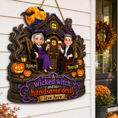 Personalized Wooden Sign, Seated Witch & Devil Haunted House Halloween Decor, Unique Gift For Couple