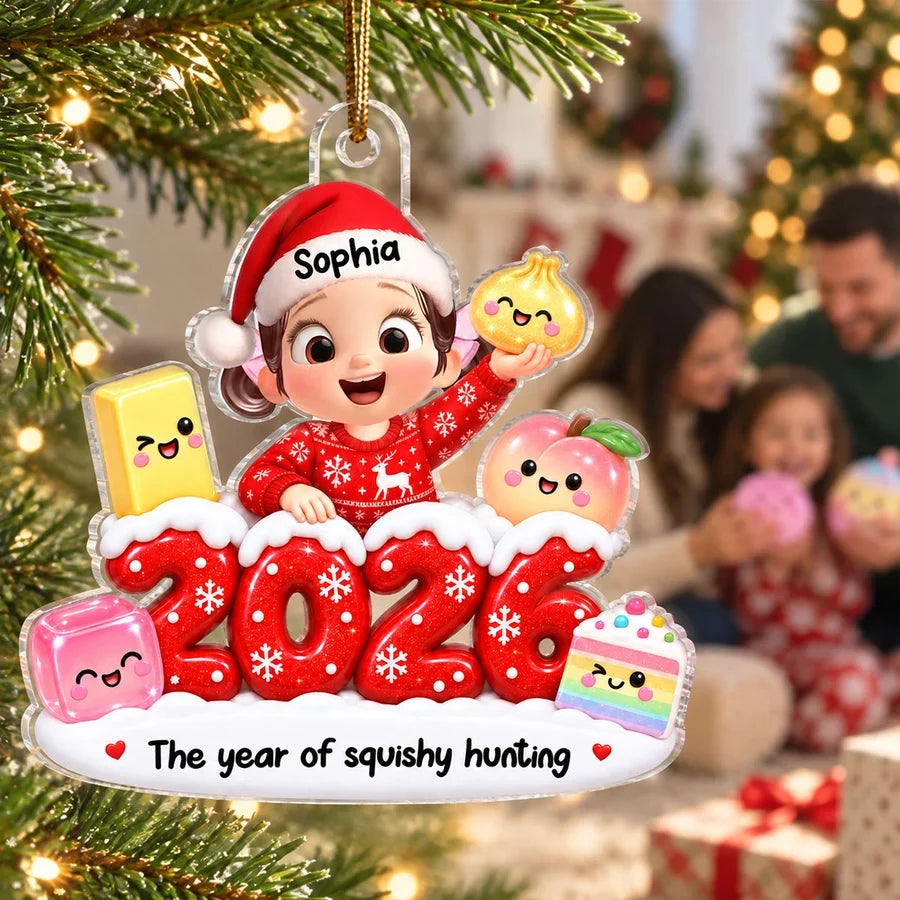 Personalized Acrylic Ornament, Smiling Child Holding Squishy Toys, Festive Tree Decor and Unique Gift for Kids